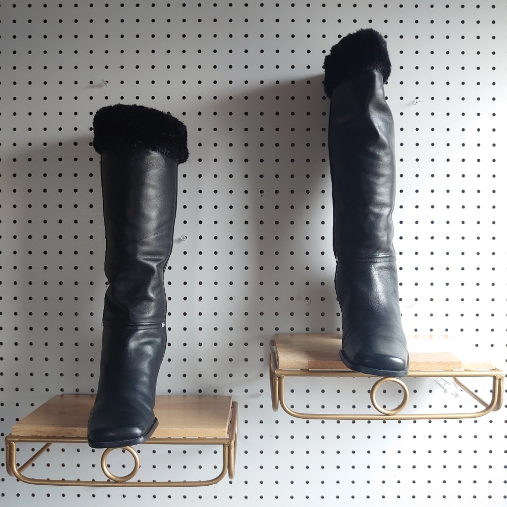 Westies Chunky Heel Block Leather, Fur And Rivet Rhinestone Winter Boots Black - Picture 6 of 14